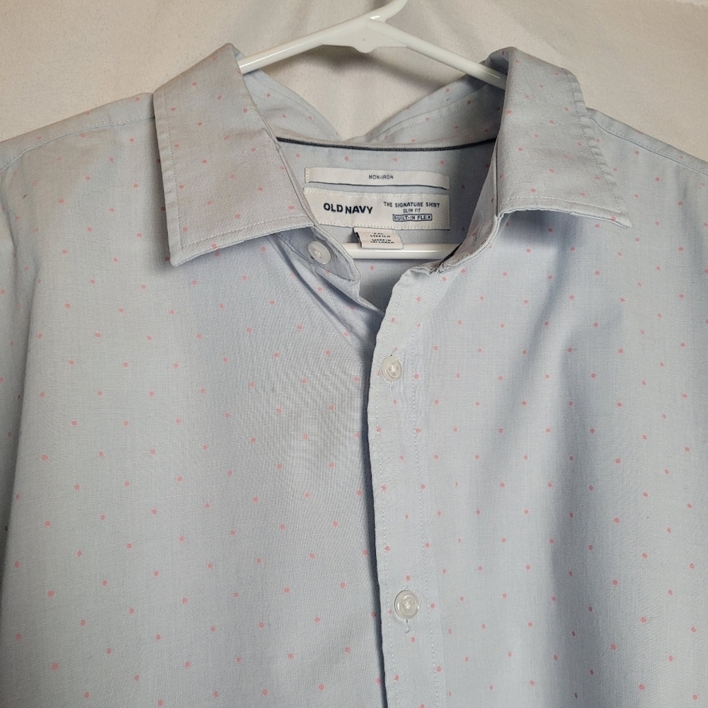 Old Navy Men's The Signature Shirt Baby Blue Pink Micro Dot Long Sleeve Size XXL